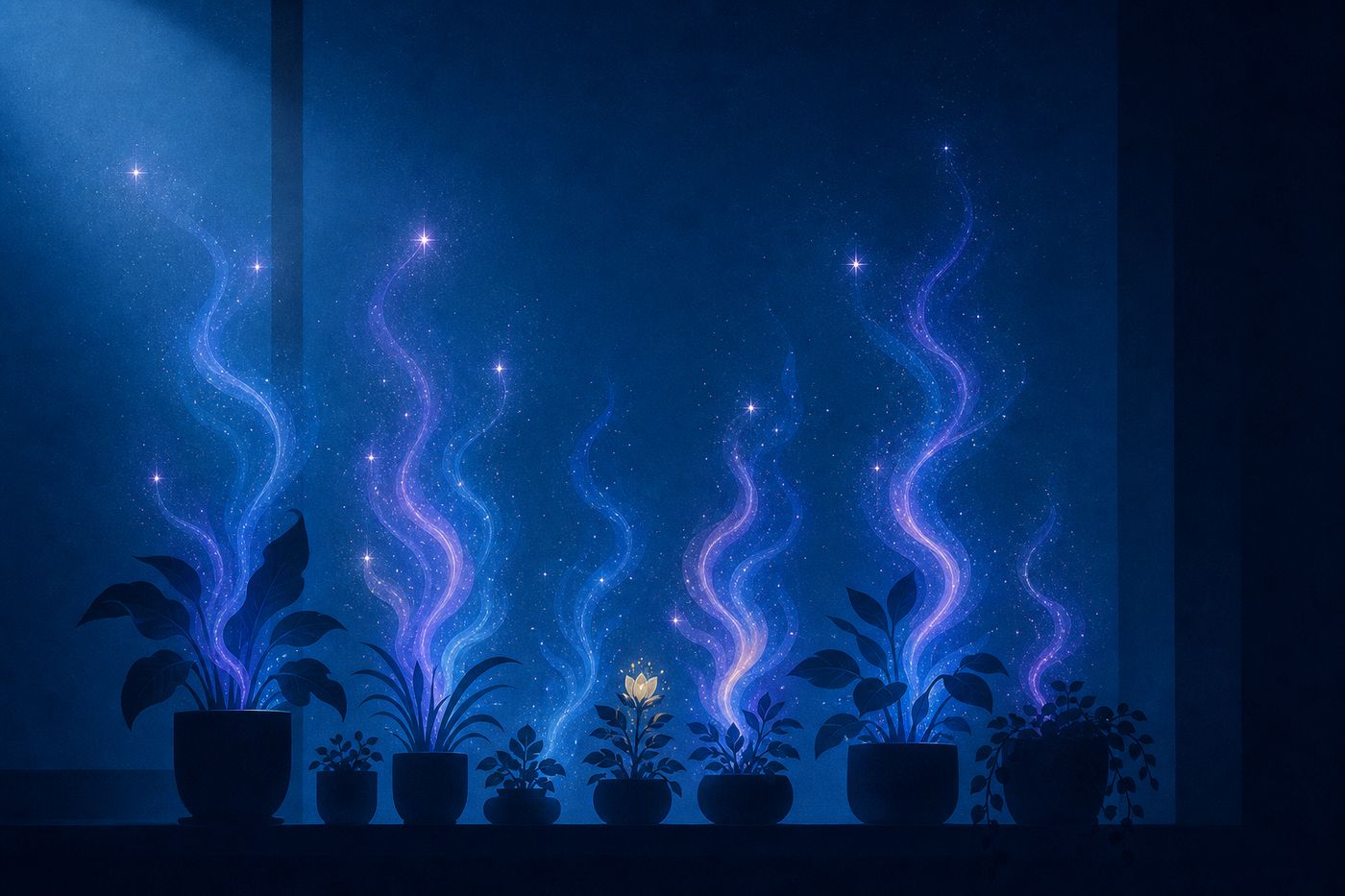 Twelve houseplants arranged in a circle, each glowing faintly with a different zodiac glyph above it, on a dark navy background.