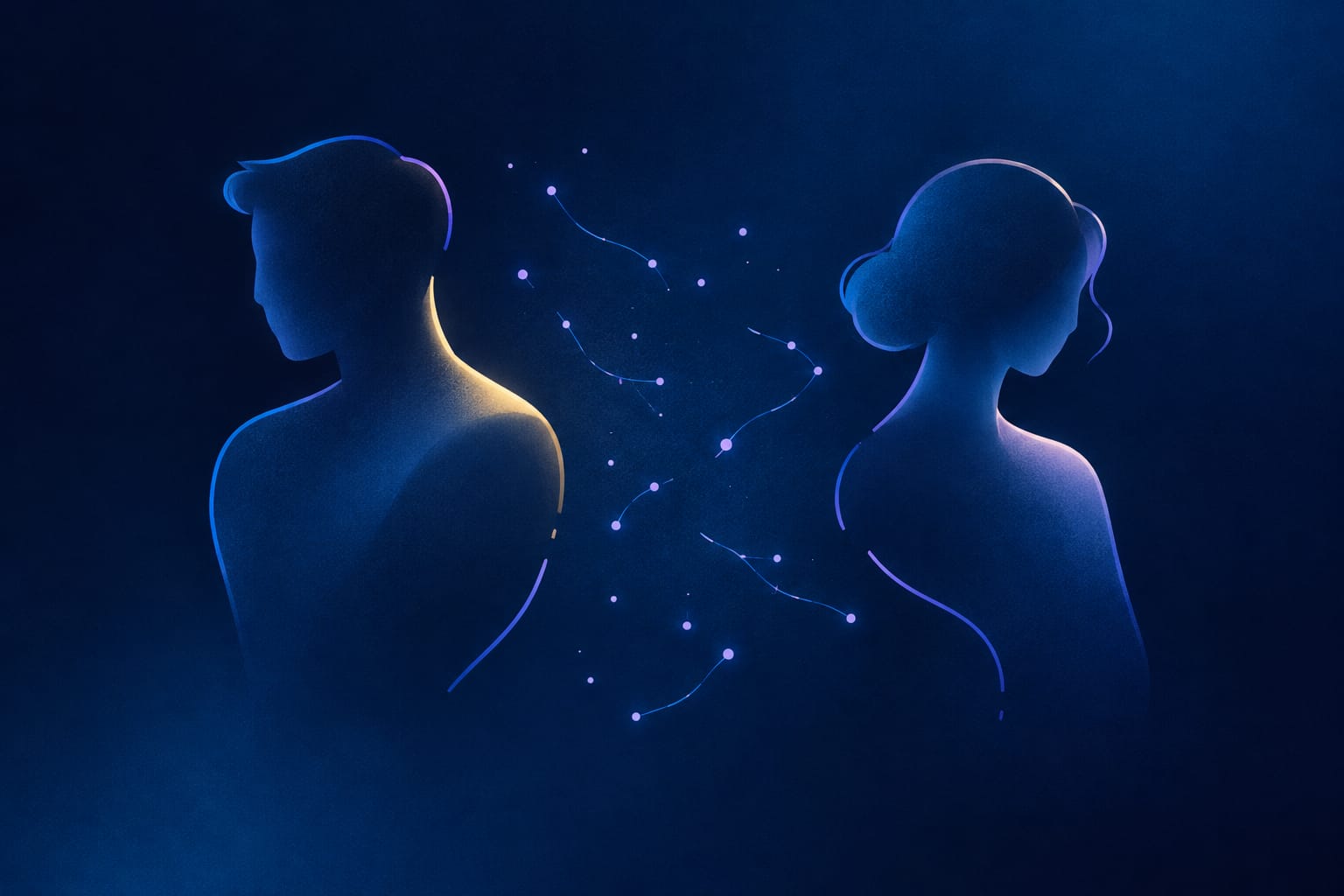 Twelve zodiac glyphs arranged around a blurred double exposure of two hands almost touching, representing the situationship each sign tends to land in.