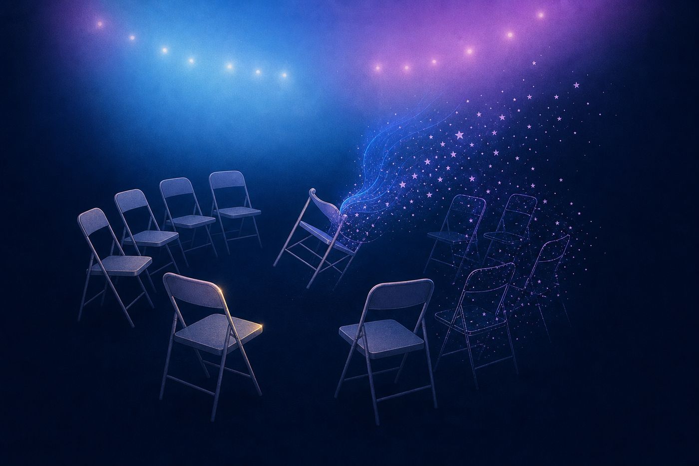 Twelve zodiac glyphs arranged around a wedding reception scene with a starry navy sky overhead