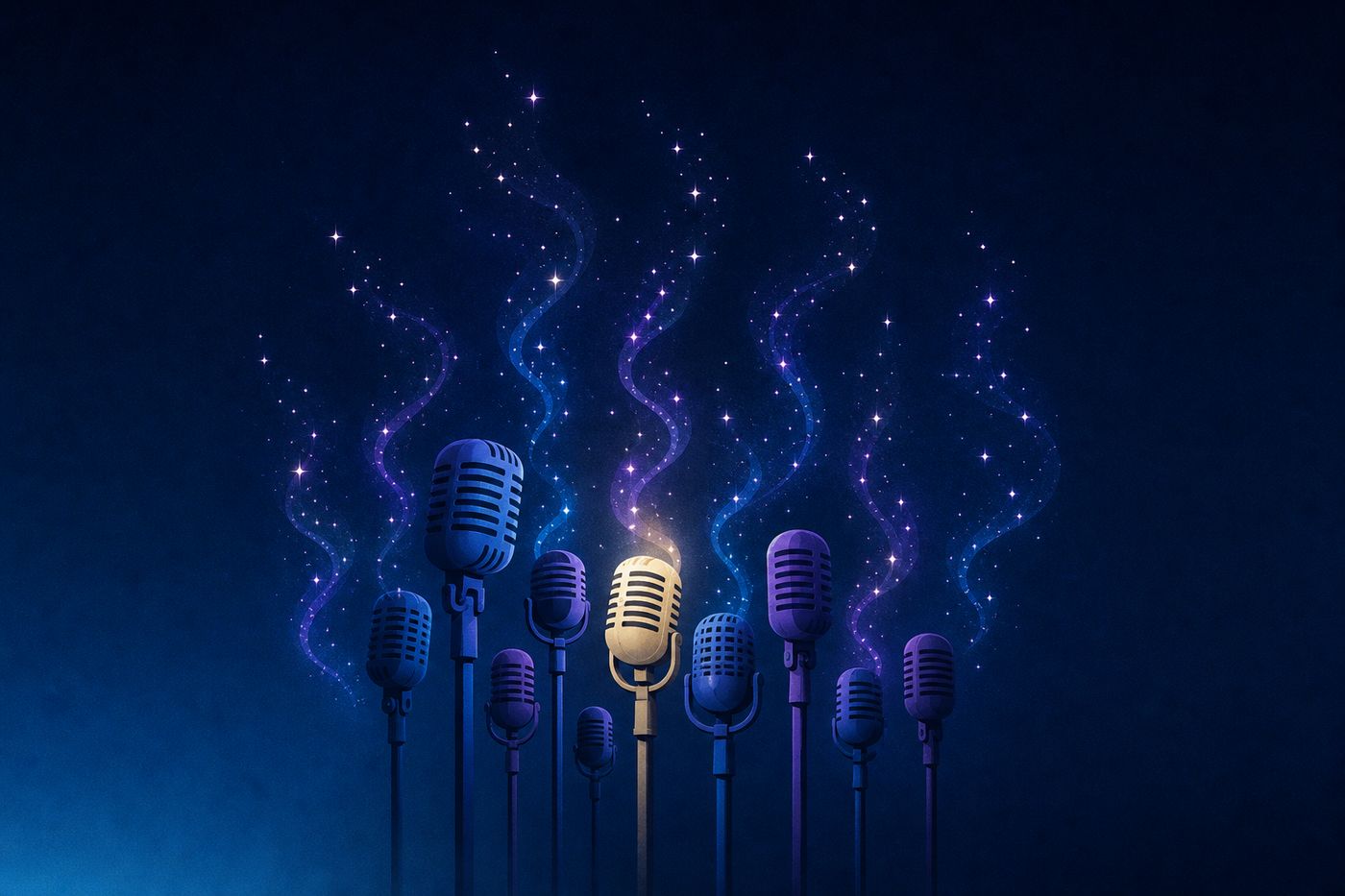 Twelve zodiac glyphs arranged around a glowing karaoke microphone against a starry navy background.