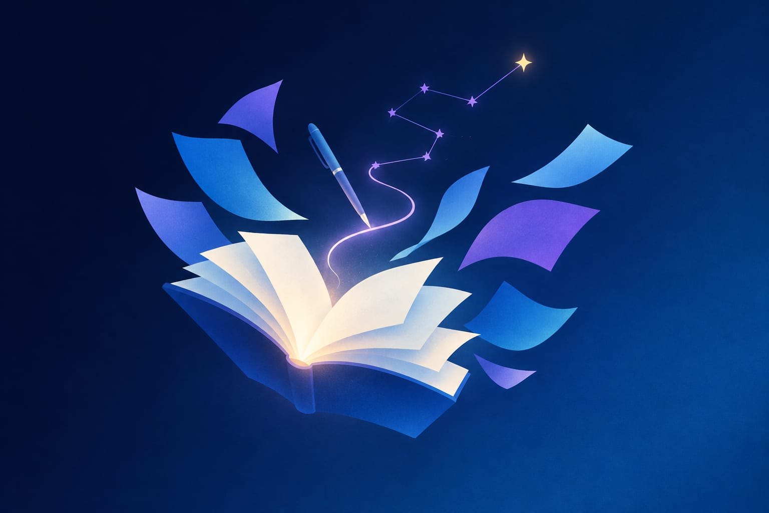 Open journal and pen on a dark navy table under soft lamplight, surrounded by twelve small zodiac glyphs glowing in cosmic blue.