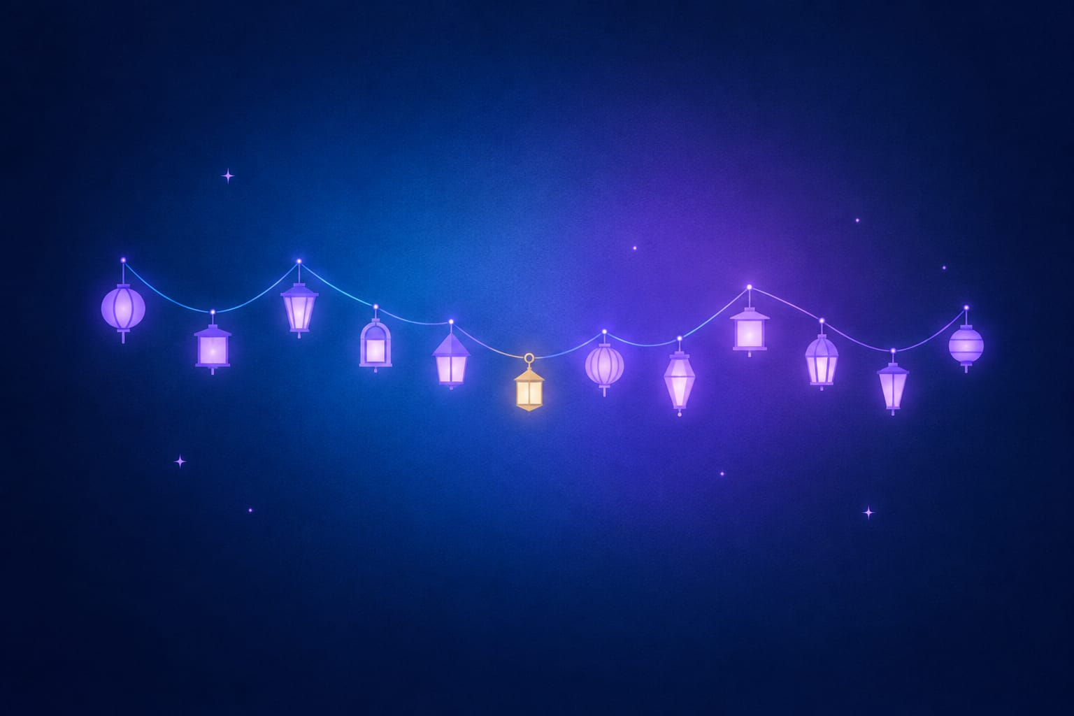 A quiet street at dusk with twelve glowing front porches, each lit a different shade of blue, under a starry navy sky.