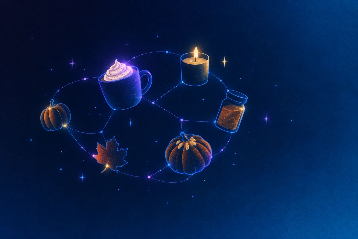 Twelve zodiac glyphs surrounded by autumn leaves and pumpkin spice themed objects like coffee cups, candles, and baked goods