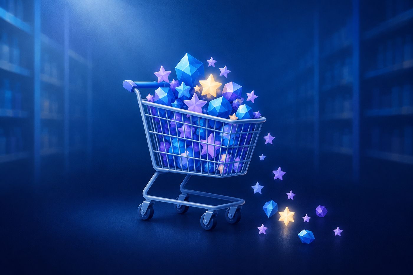 A grocery cart filled with twelve different items under a starry zodiac wheel