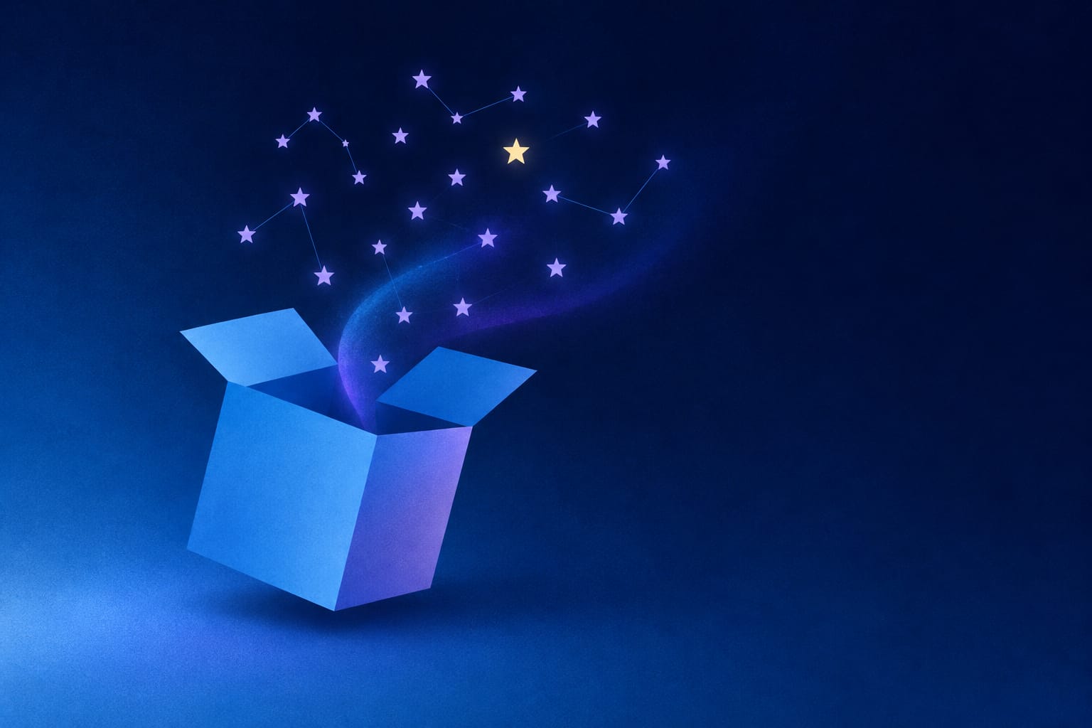 Twelve small purchases arranged in a circle on a deep navy background, each glowing softly in cosmic blue, representing the zodiac signs' most regretted impulse buys.