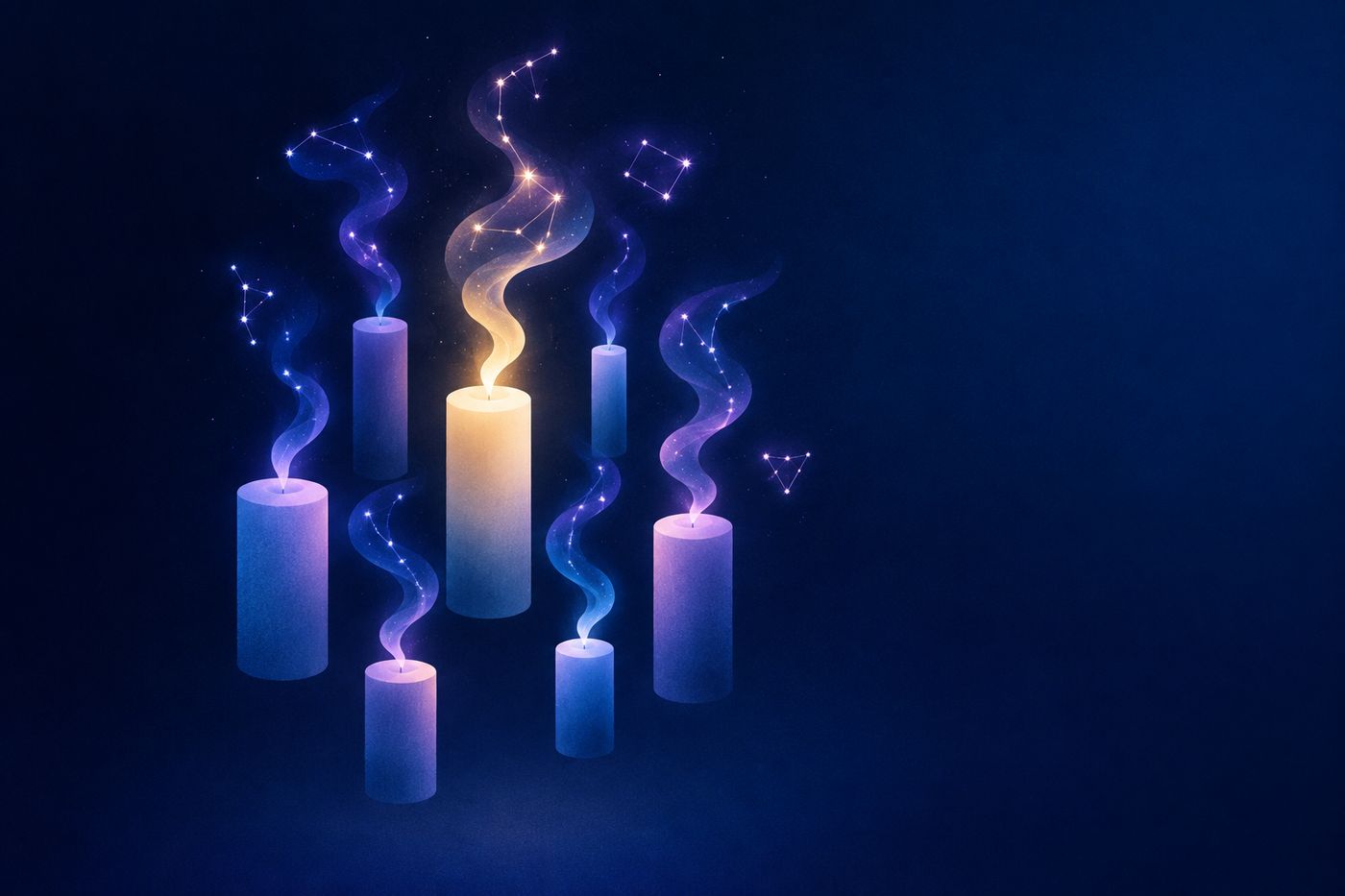 Twelve lit candles in different scents arranged around the zodiac wheel