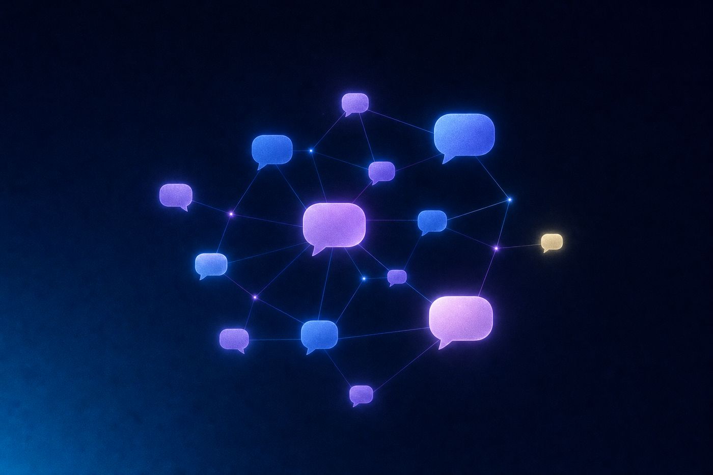 A glowing constellation of chat bubbles arranged like a zodiac wheel, each bubble a different color against a deep navy sky.
