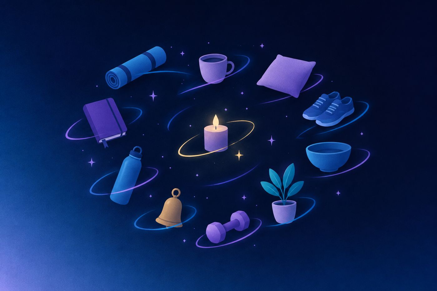 Twelve zodiac glyphs arranged around a soft gradient wellness-themed illustration