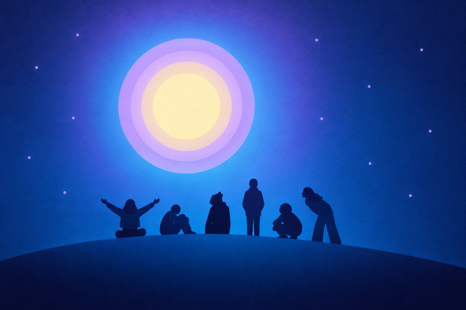 A luminous full moon over a dark navy sky, with twelve small zodiac glyphs arranged in a circle around it.