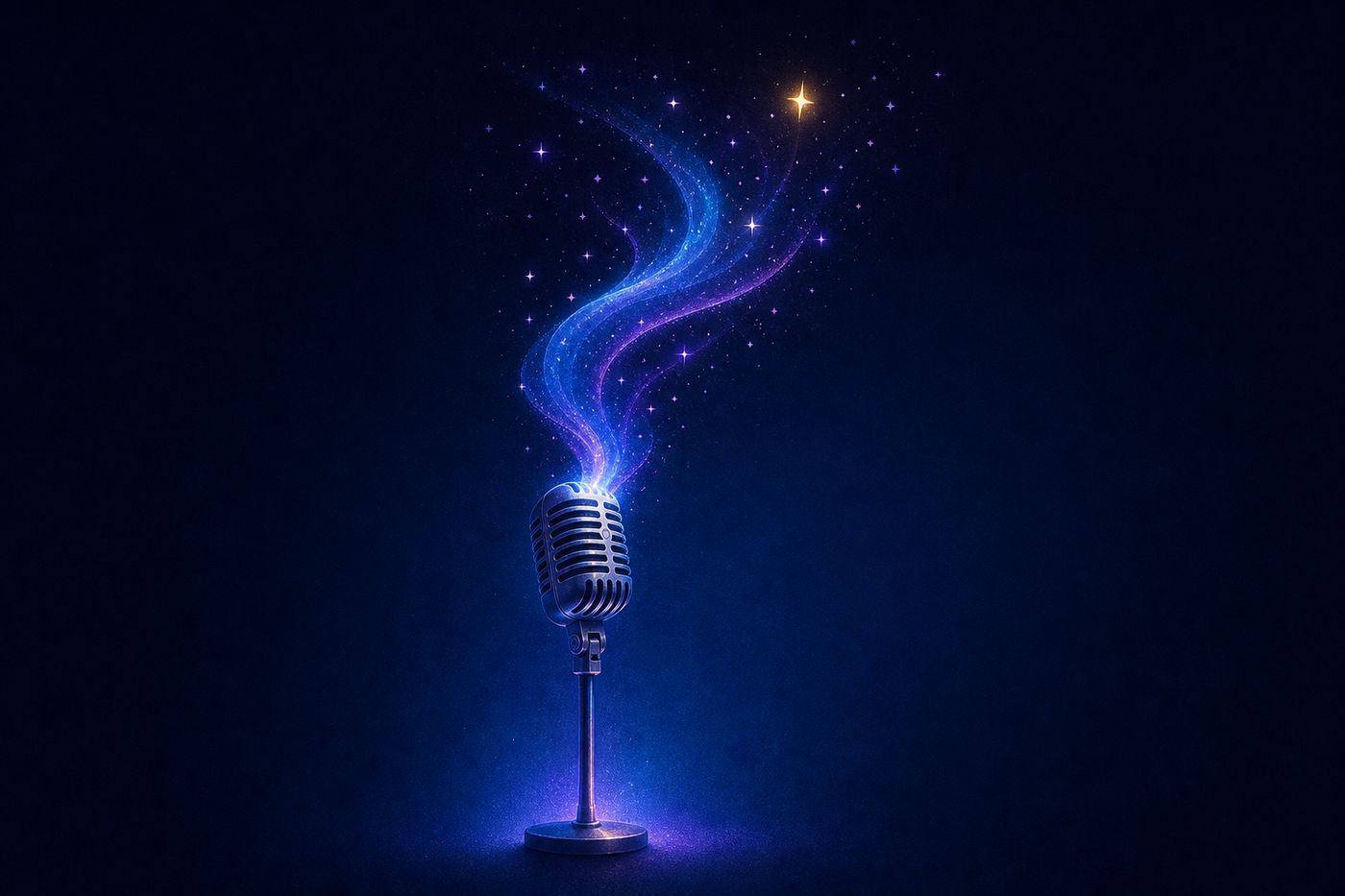 Twelve zodiac glyphs arranged around a glowing karaoke microphone against a night-sky gradient.