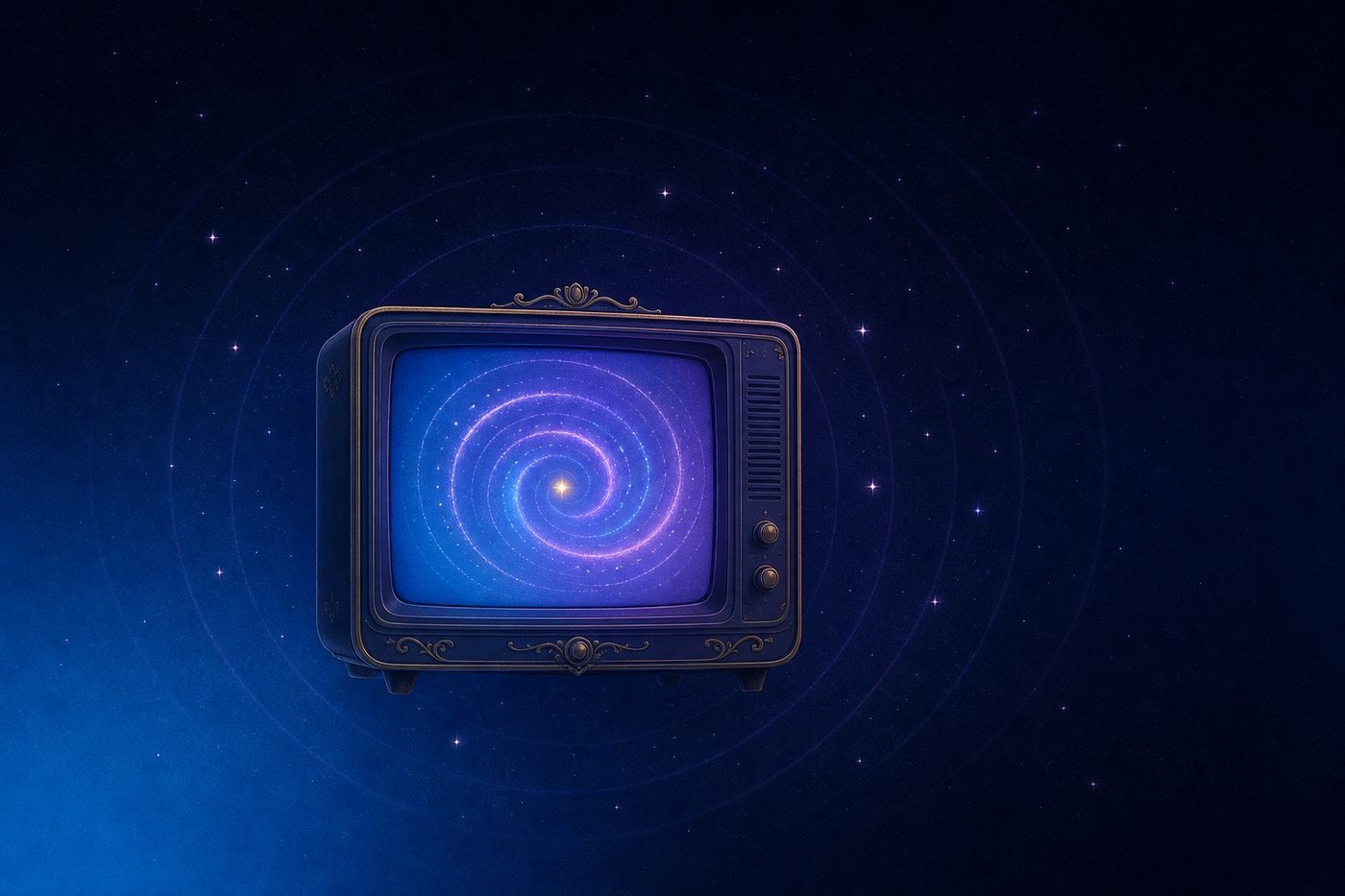 A glowing television surrounded by zodiac constellations, remote control resting on a well-worn couch cushion.