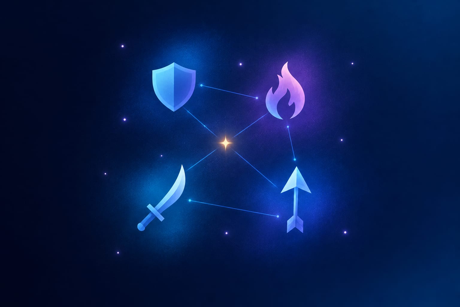 Twelve zodiac glyphs arranged around glowing video game class icons like a character select screen