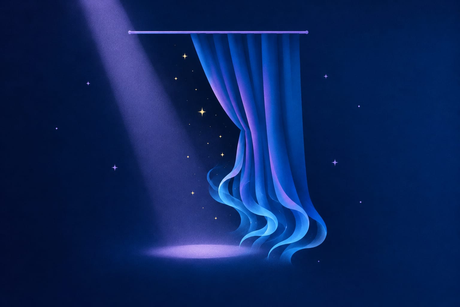 Twelve zodiac glyphs arranged on a dark velvet theater stage under a single blue spotlight, a red curtain half drawn behind them.